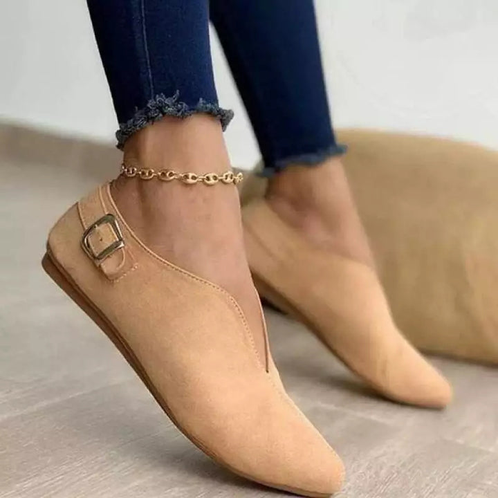 Damen nan spitz zulaufende Slipper mit V-Ausschnitt und seitlicher Metallschnalle Velourslederoptik Drune