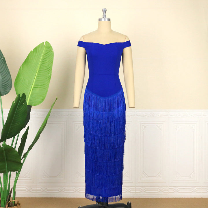 Damen glamouröses Abendkleid mit schulterfreien Rüschen und Fransen Drune