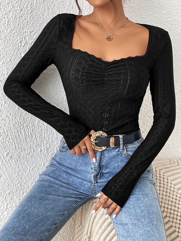 Damen Langarm Bodysuit mit quadratischem Ausschnitt und raffinierten Rüschen Drune