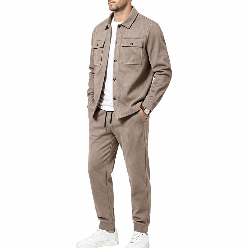 Herren nan Velours-Lounge-Set mit Overshirt, aufgesetzten Brusttaschen und tapered Jogginghose Drune