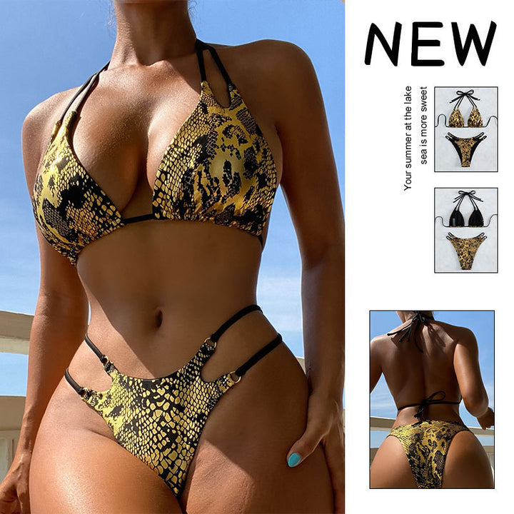 Damen Triangel-Bikini mit modischem Schlangenprint und eleganten Bindebändern Drune