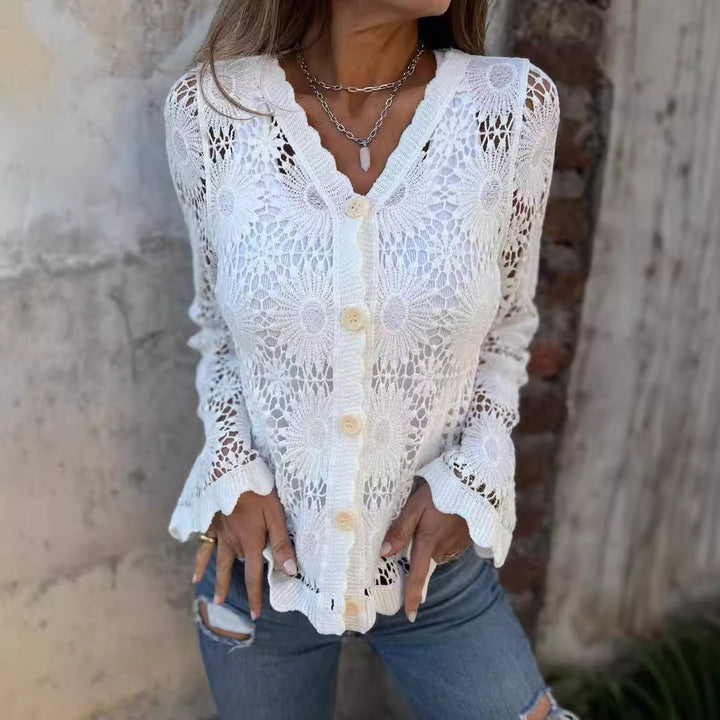 Damen Häkeljacke mit floralen Mustern und Knopfverschluss Drune