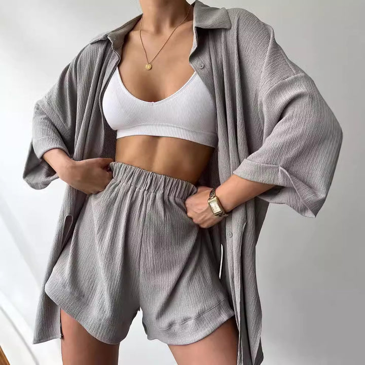 Damen lässiges Hemd und Shorts Set mit strukturiertem Stoff Drune