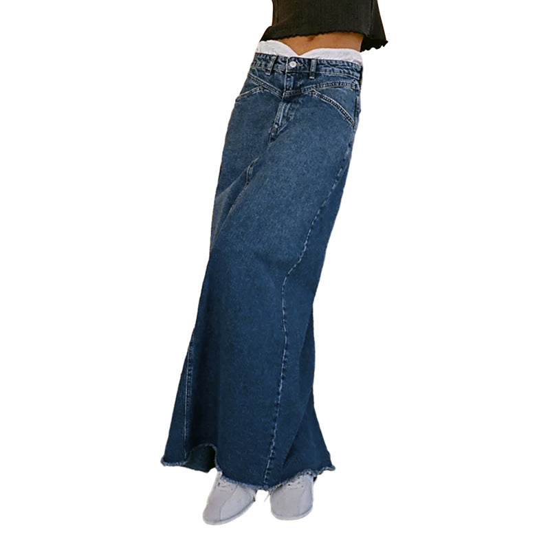 Damen Maxirock aus schwarzem Denim mit seitlichen Taschen und lässigem Schnitt Drune