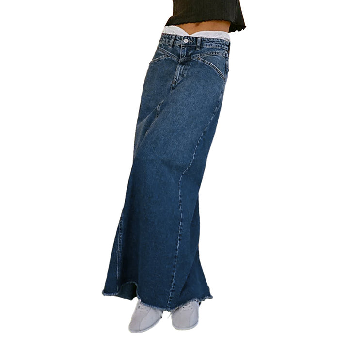 Damen Maxirock aus schwarzem Denim mit seitlichen Taschen und lässigem Schnitt Drune