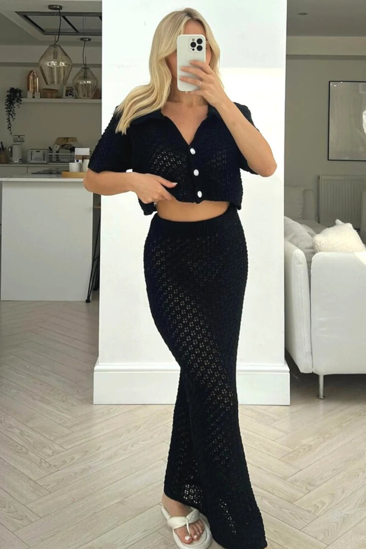 Damen Strick-Set mit offenem Cardigan und maxi Rock Drune