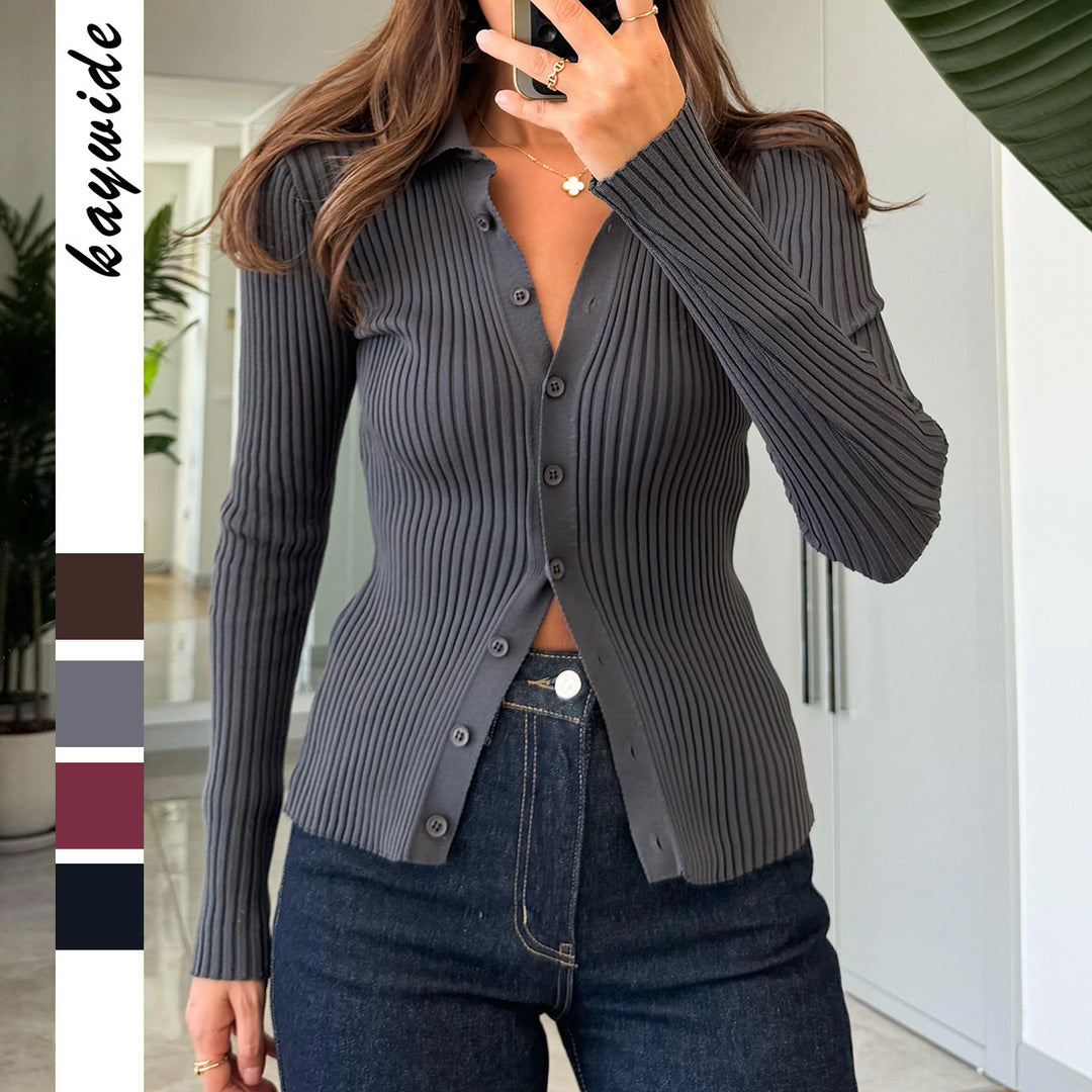 Damen nan taillierter Rippstrick-Cardigan mit verdeckter Knopfleiste und wellenförmigem Saum Drune