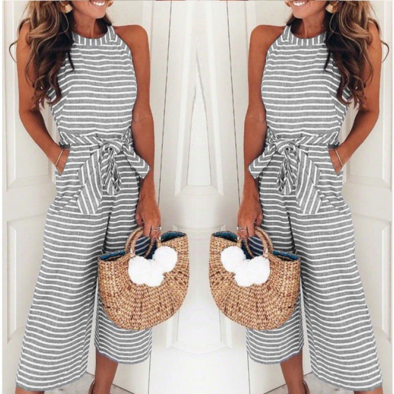 Damen Jumpsuit mit modischem Streifenmuster und elegantem Taillengürtel Drune