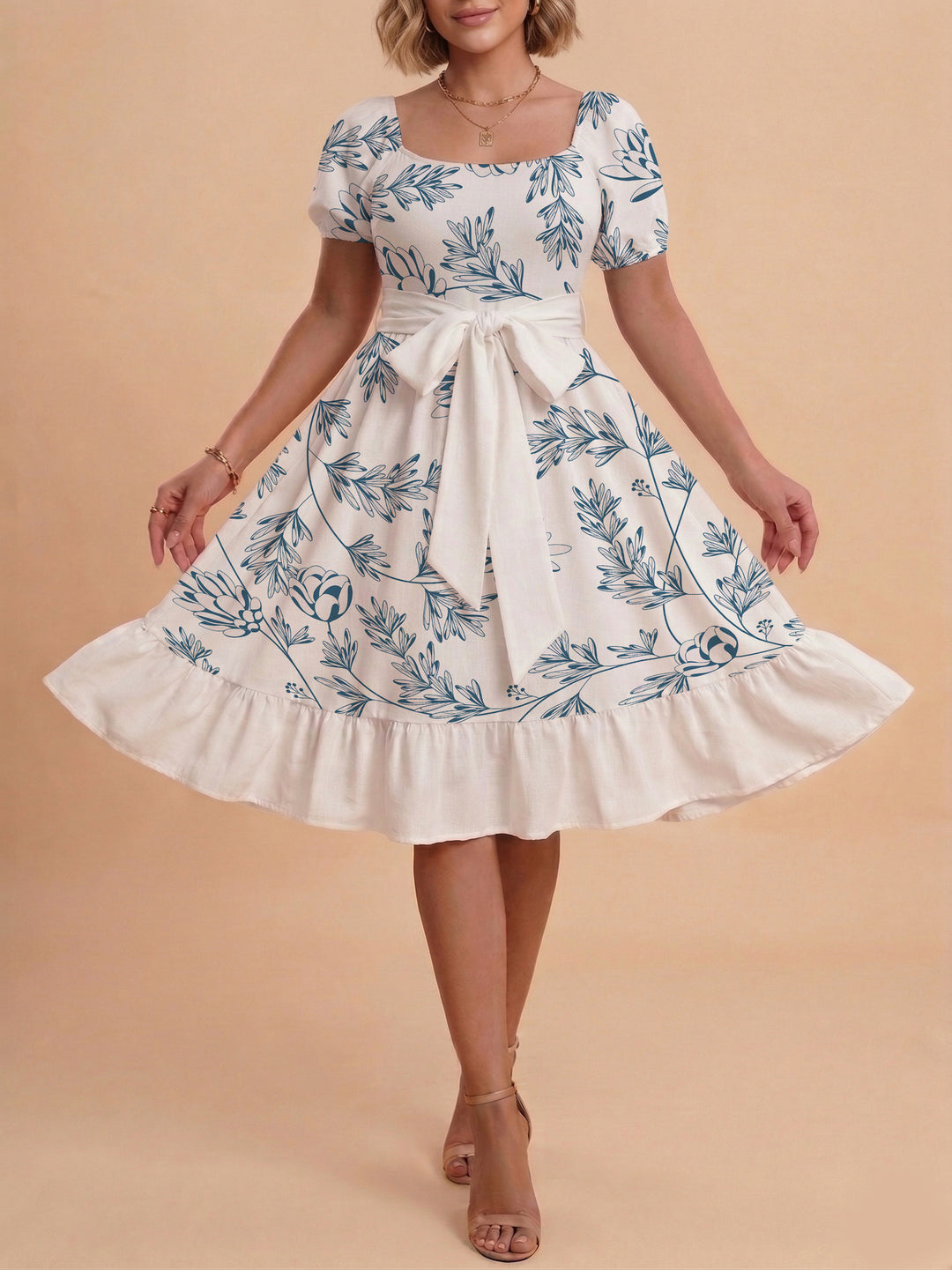 Damen Midi Kleid mit elegantem Blumendruck und tailliertem Gürtel Drune