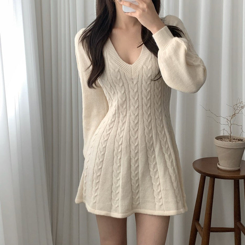 Damen Strickkleid mit V-Ausschnitt und langen Puffärmeln Drune