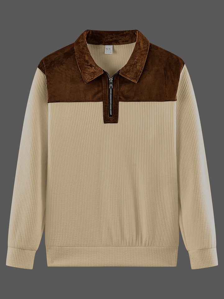 Unisex nan feinstrukturierter Strickpullover mit halbem Reißverschlusskragen und Samtbesatz Drune