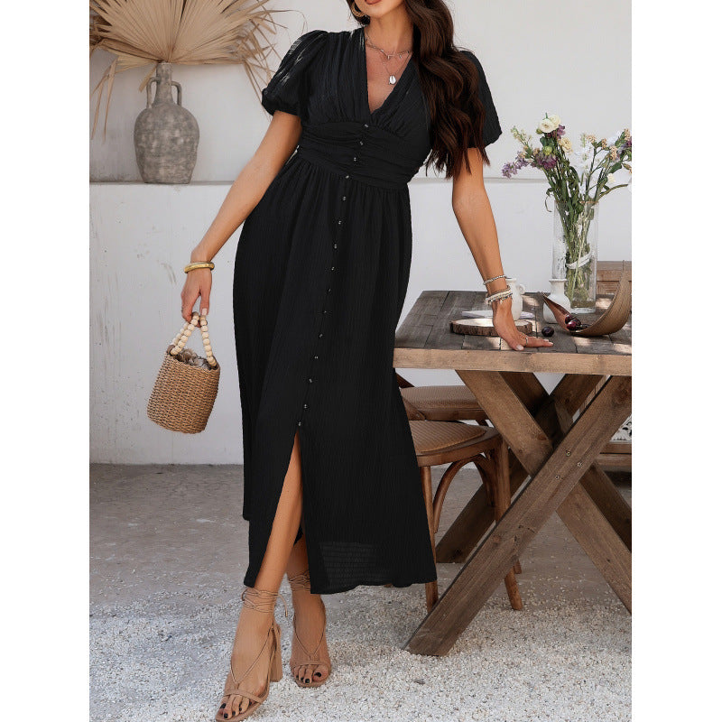 Damen Maxikleid mit raffinierten Puffärmeln und tailliertem Schnitt Drune