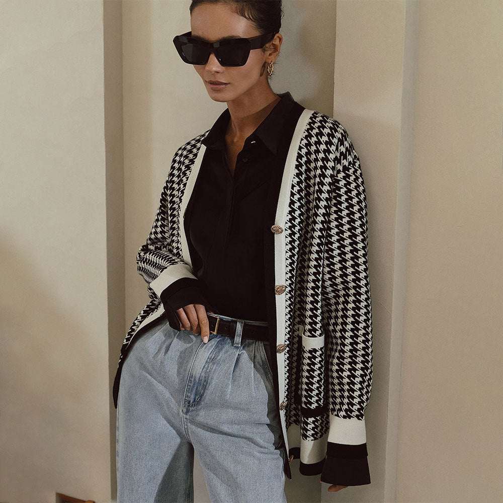 Damen Strickcardigan mit klassischem Hahnentritt-Muster und Knopfleiste Drune