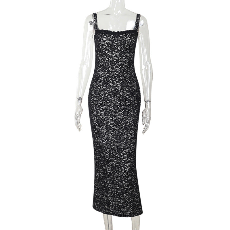 Damen figurbetontes Maxikleid mit eleganten Spitzenapplikationen Drune