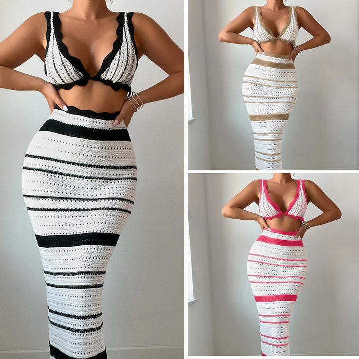 Damen Häkel-Crop-Top und Maxirock Set Drune