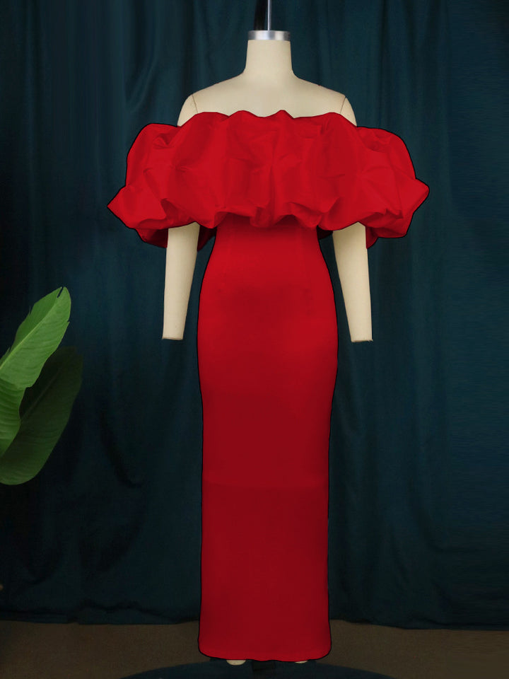 Damen Elegantes Off-Shoulder Maxikleid mit voluminösen Rüschensäumen Drune
