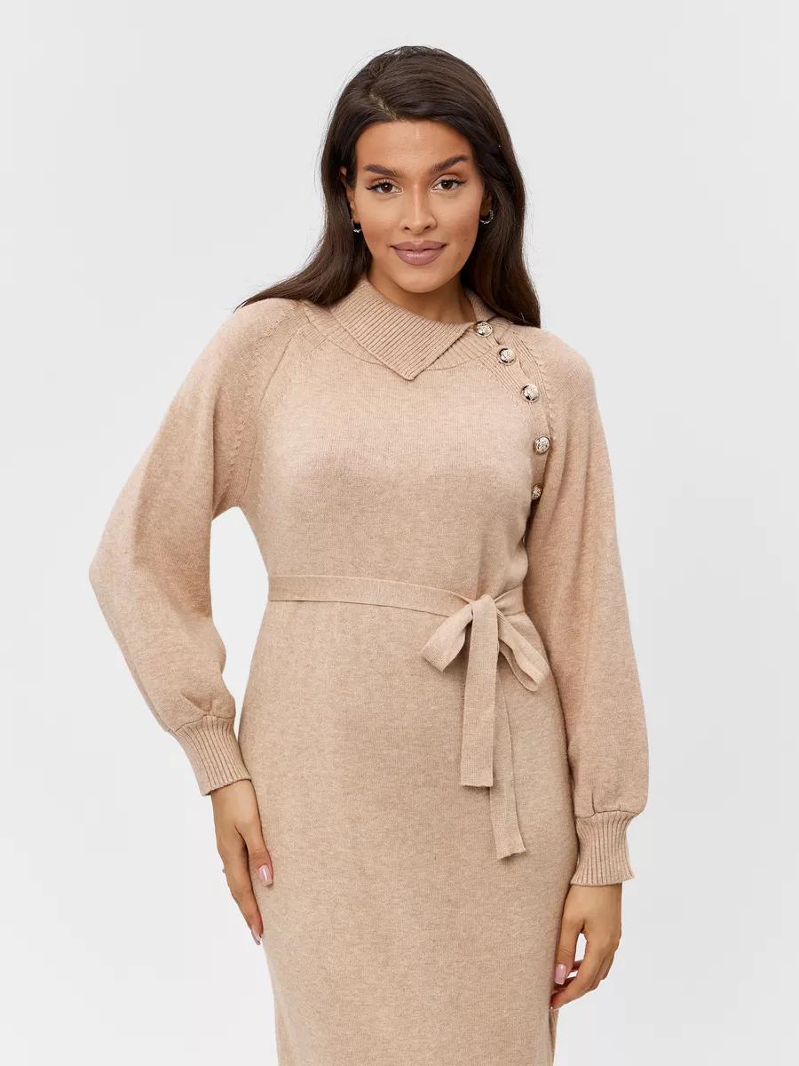 Damen Elegantes Strickkleid mit taillierendem Gürtel und modischen Knopfdetails Drune
