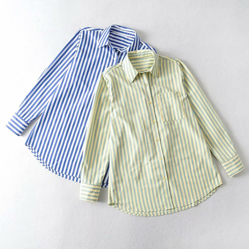 Damen Elegante Bluse mit feinem Streifenmuster und praktischem Brusttasche Drune