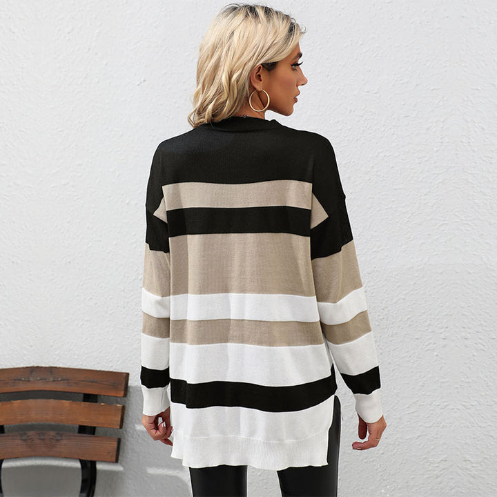 Damen gestreifter Pullover mit lässigem Schnitt und modischen Kontrastdetails Drune