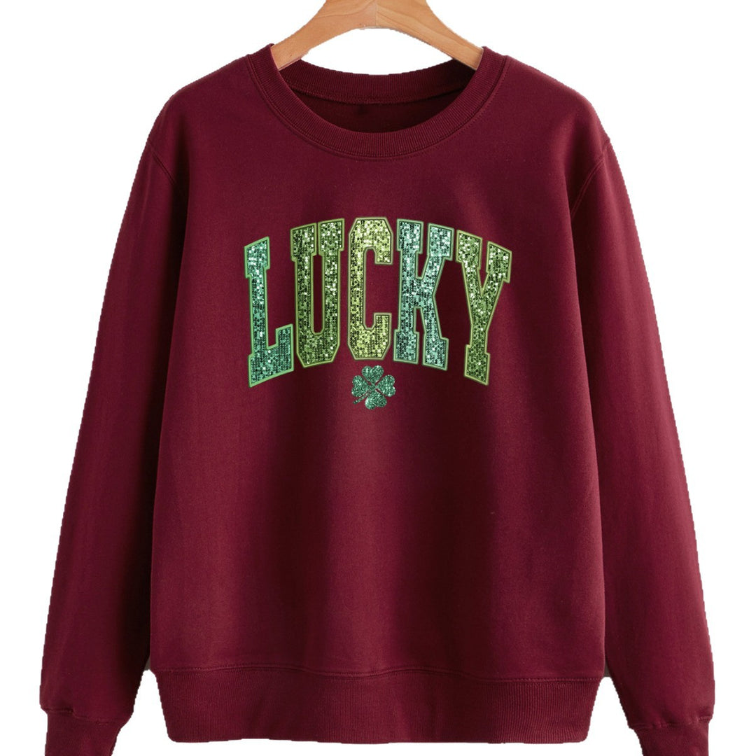 Damen lässiger Sweatshirt mit glitzerndem Schriftzug und Kleeblattmotiv Drune