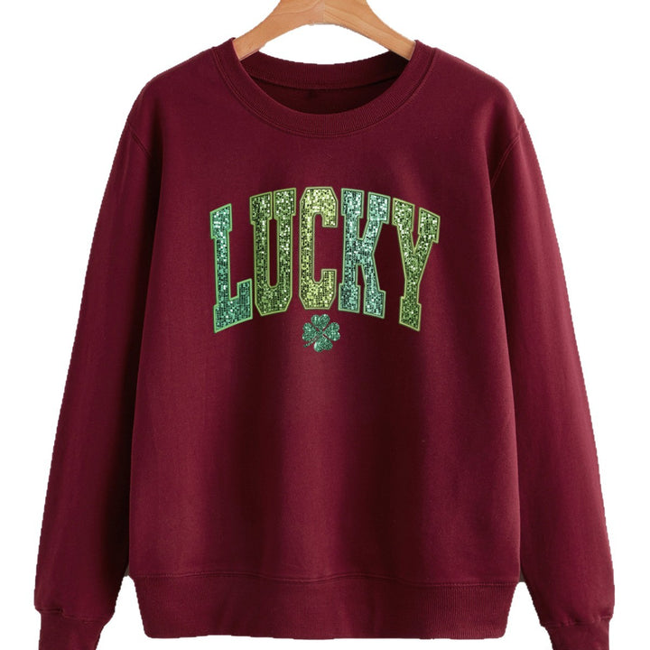 Damen lässiger Sweatshirt mit glitzerndem Schriftzug und Kleeblattmotiv Drune