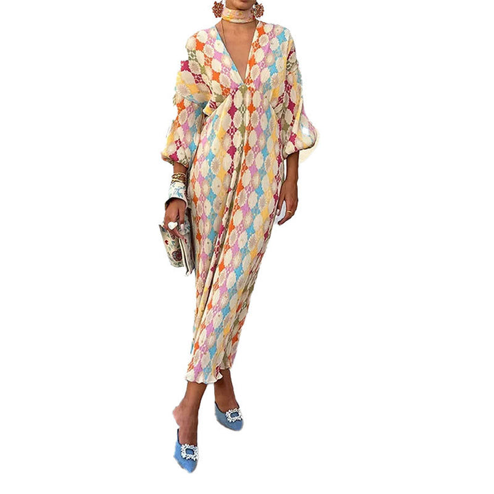 Damen Maxikleid mit auffälligem Rauten-Muster und voluminösenÄrmeln Drune
