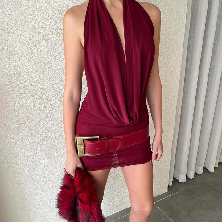 Damen Elegantes Maxikleid mit tiefem V-Ausschnitt und schimmernder Materialstruktur Drune