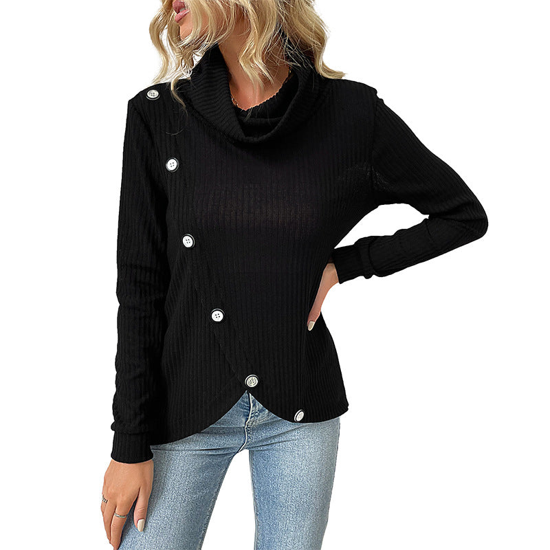Damen Strickpullover mit asymmetrischem Knopfdesign und hochgeschlossenem Kragen Drune