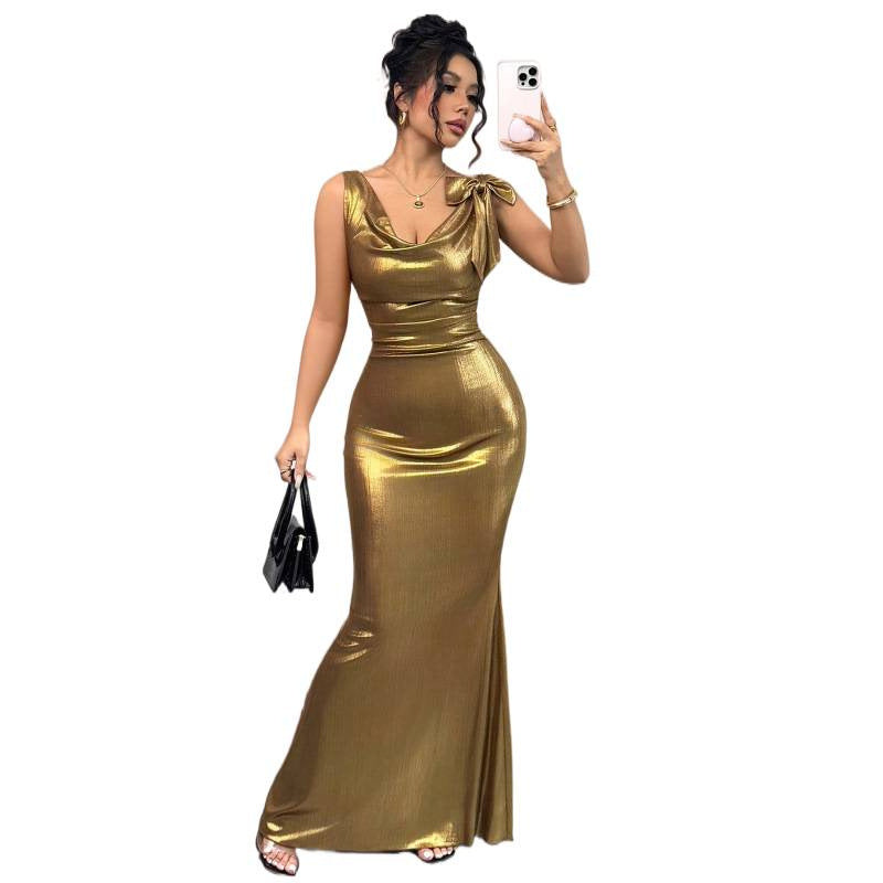 Damen elegantes Maxikleid mit schimmerndem Effekt und verführerischem Rückenausschnitt Drune