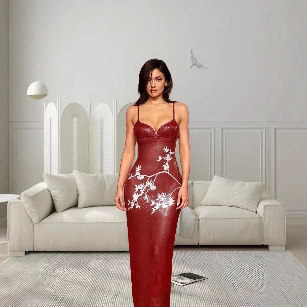 Damen elegantes V-Ausschnitt Abendkleid mit floralem Stickmuster und schmalem Schnitt Drune