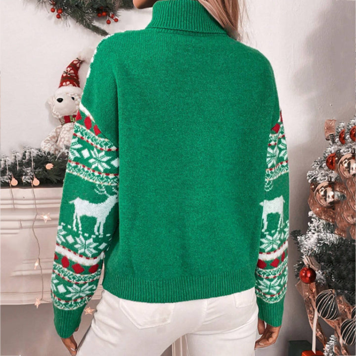 Damen Weihnachtspullover mit hohem Kragen und festlichem Rentier-Motiv Drune