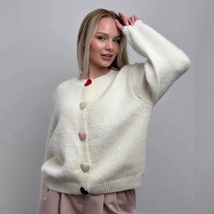 Damen lockerer Strickpullover mit herzförmigen Knöpfen und weitem Schnitt Drune