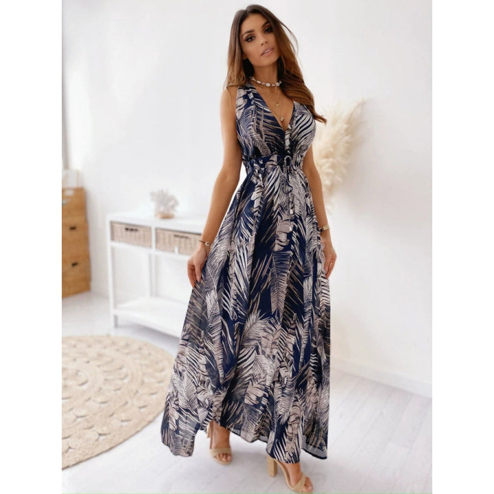 Damen Maxikleid mit floralen Mustern und tailliertem Oberteil Drune