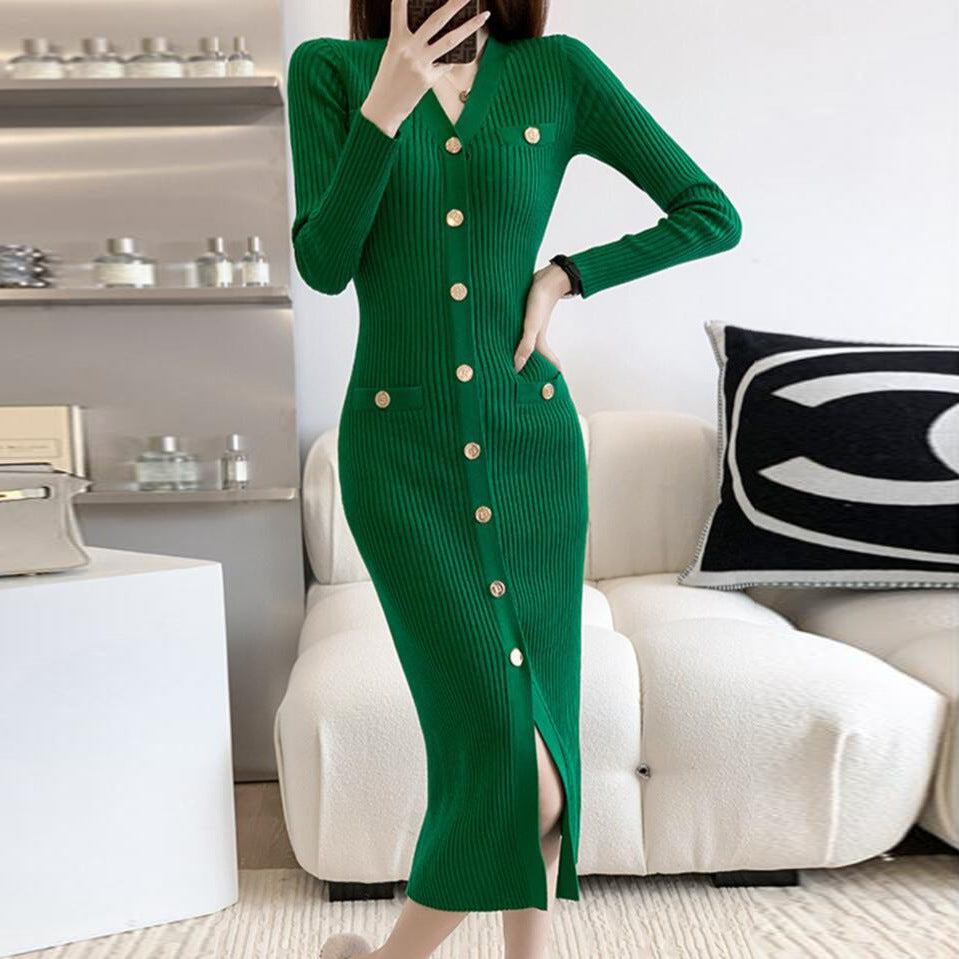 Damen Strickkleid mit Knopfleiste und tiefem Schlitz Drune