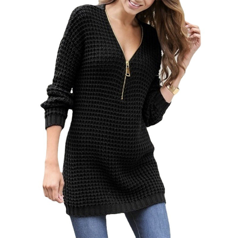 Damen Strickpullover mit Reißverschluss und elastischem Saum Drune