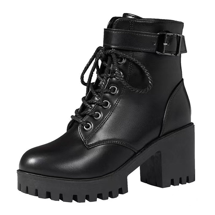 Damen nan Plateau-Schnürstiefelette aus Kunstleder mit profilierter Gummisohle und verstellbarem Schnallenriemen Drune