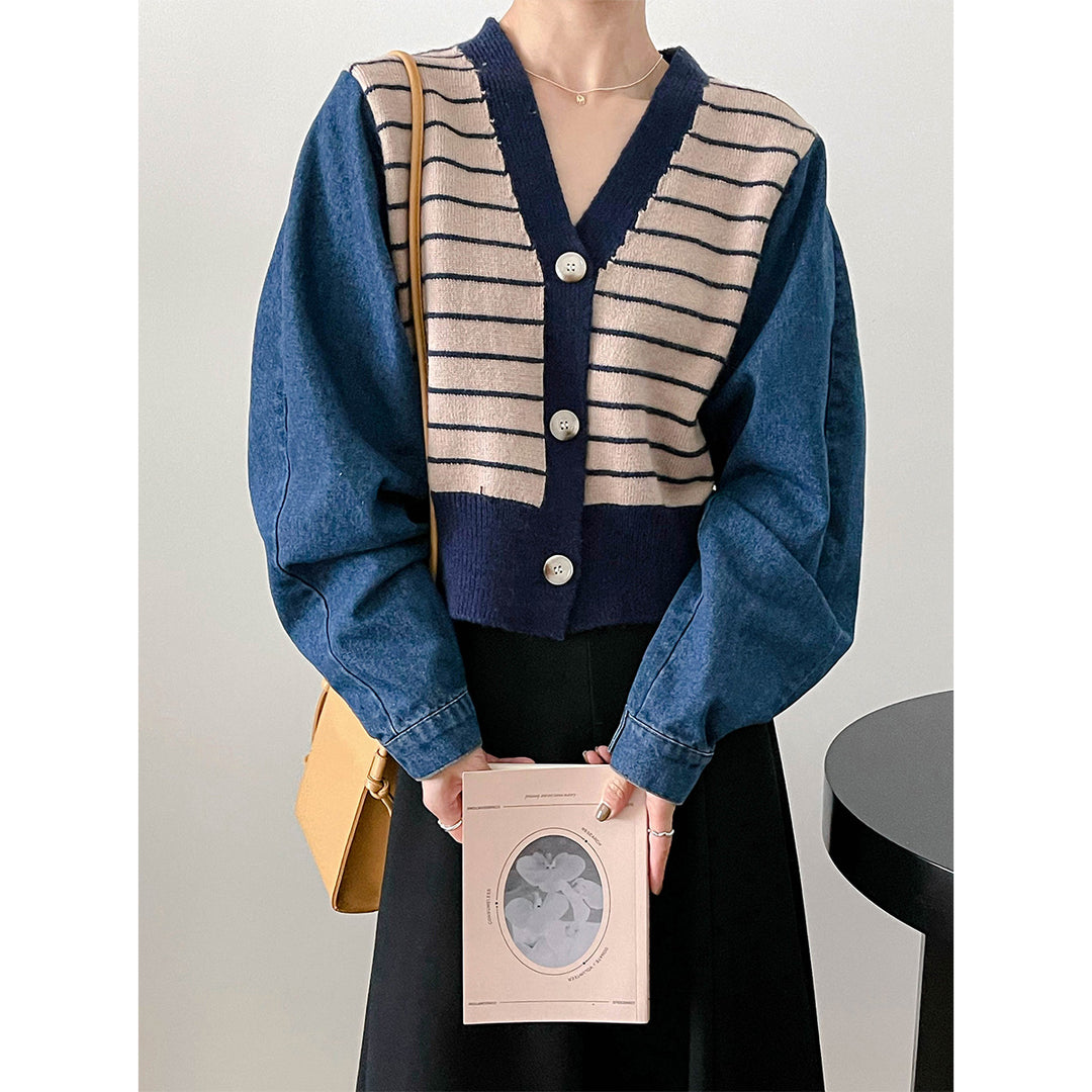 Damen modische Strickjacke mit modernen Streifen-Design und Raglanärmeln Drune