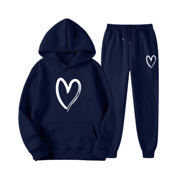 Damen Sweatsuit mit Kängurutasche und herzförmigem Print Drune