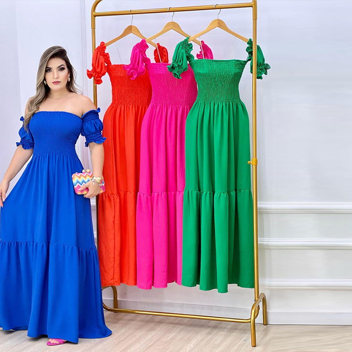Damen Luftiges Maxikleid mit schulterfreiem Design und Rüschendetails Drune