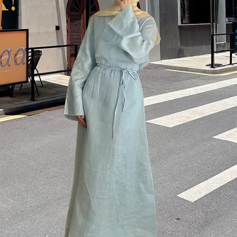 Damen Maxikleid mit taillierbarem Gürtel und elegantem Kragen Drune