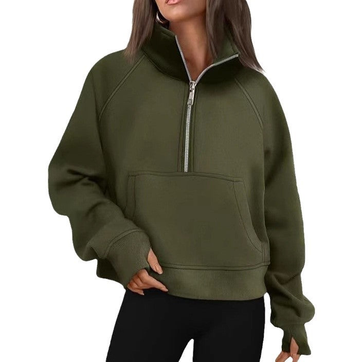 Damen nan oversized Sweatshirt mit halbem Reißverschluss Kängurutasche und Daumenlöchern Drune