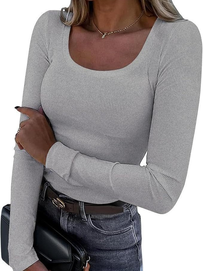 Damen Langarm Basic Oberteil mit tiefem Rundhalsausschnitt und Rippenstruktur Drune