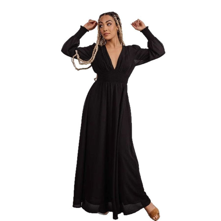 Damen elegantes Maxikleid mit V-Ausschnitt und transparenten Ärmeln Drune