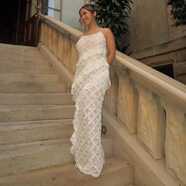 Damen Elegantes Spitzen-Maxikleid mit asymmetrischen Drapierungen Drune
