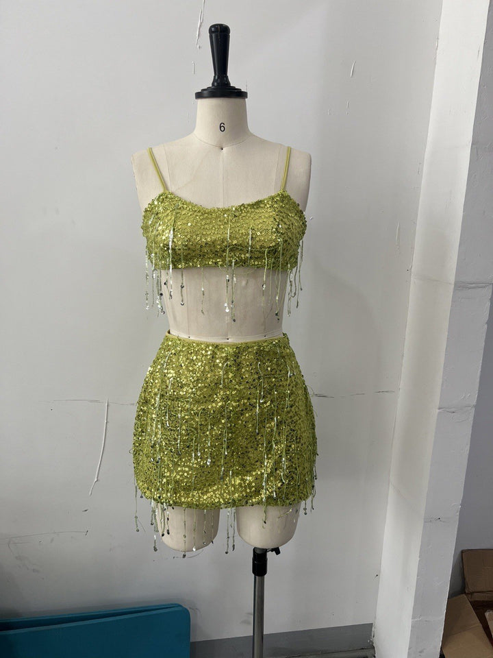 Damen Glitzerndes Crop-Top und Minirock-Set mit Fransen Drune