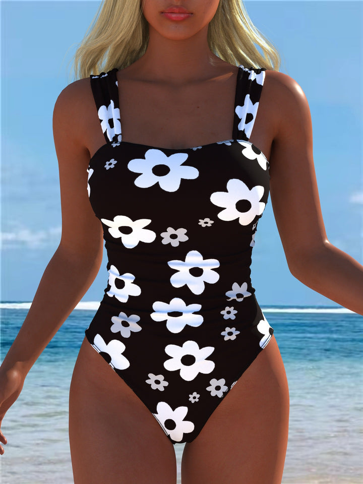 Damen einteiliger Badeanzug mit floraler und tierischer Musterkombination Drune