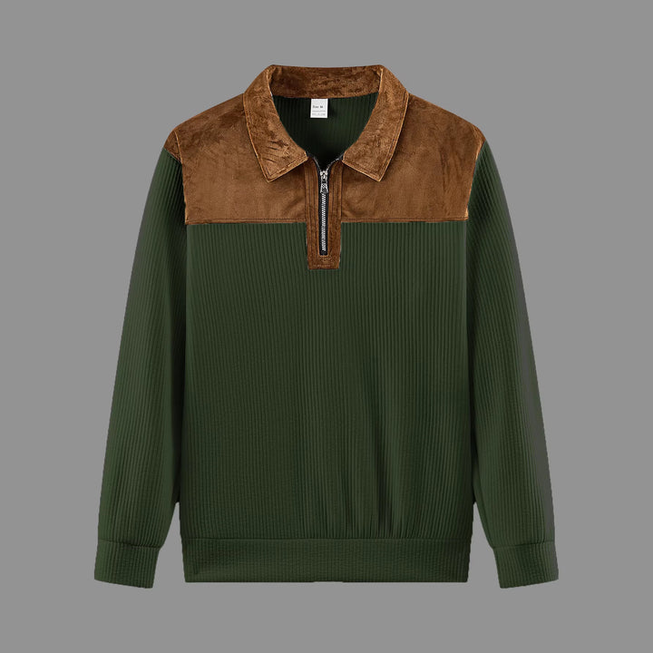 Unisex nan feinstrukturierter Strickpullover mit halbem Reißverschlusskragen und Samtbesatz Drune