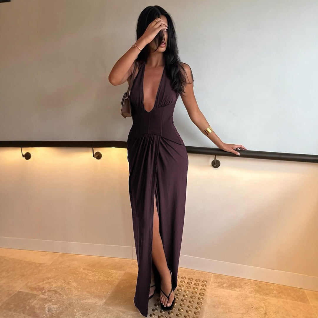 Damen Figurbetontes Abendkleid mit tiefem Ausschnitt und eleganter Drapierung Drune