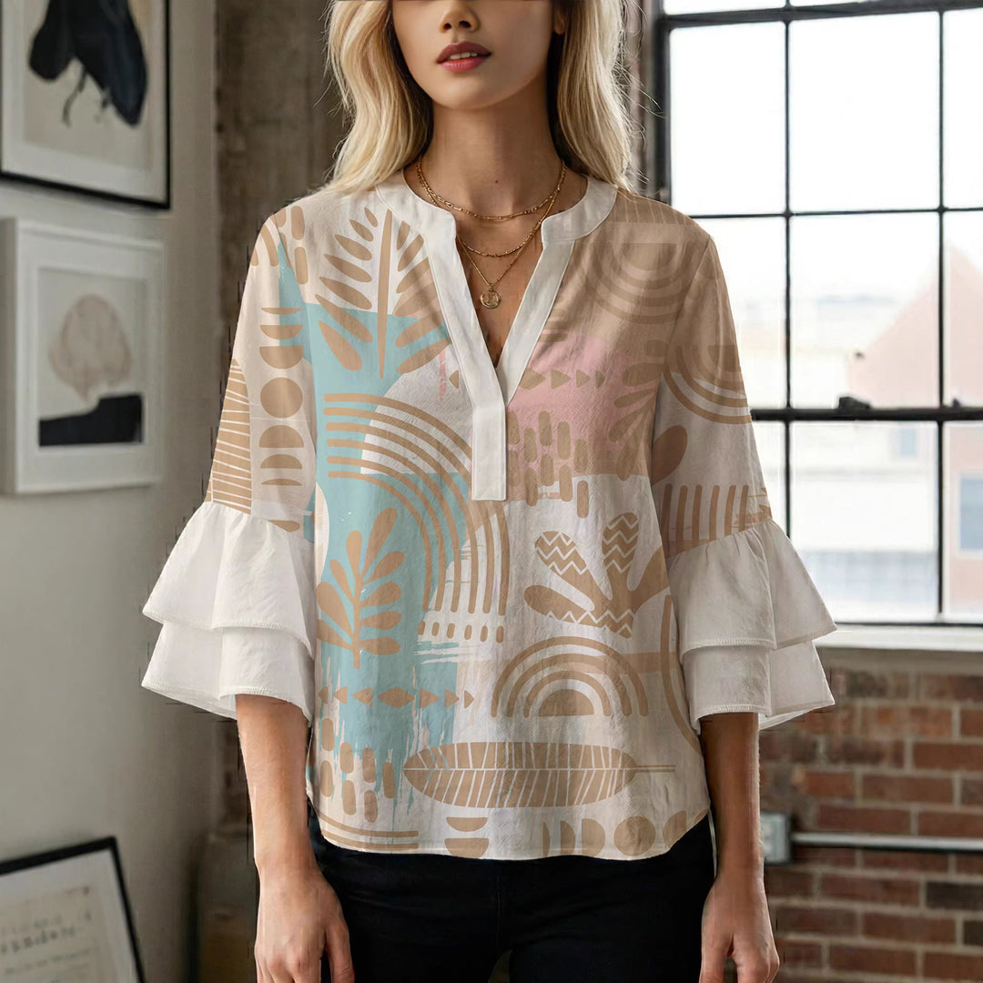 Damen Bluse mit Rüschendetails und auffälligem Animal-Print Drune