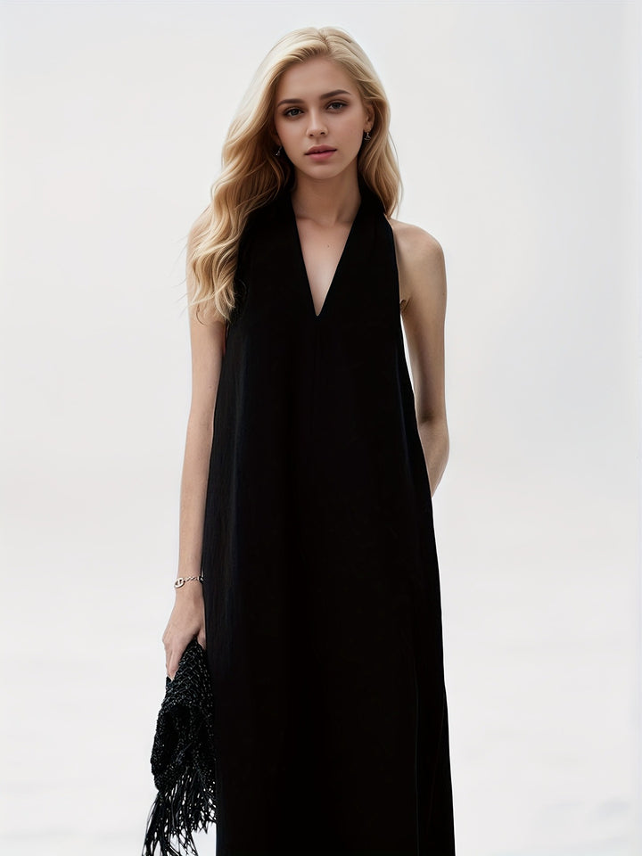 Damen Elegantes Maxikleid mit tiefem V-Ausschnitt und fließendem Stoff Drune